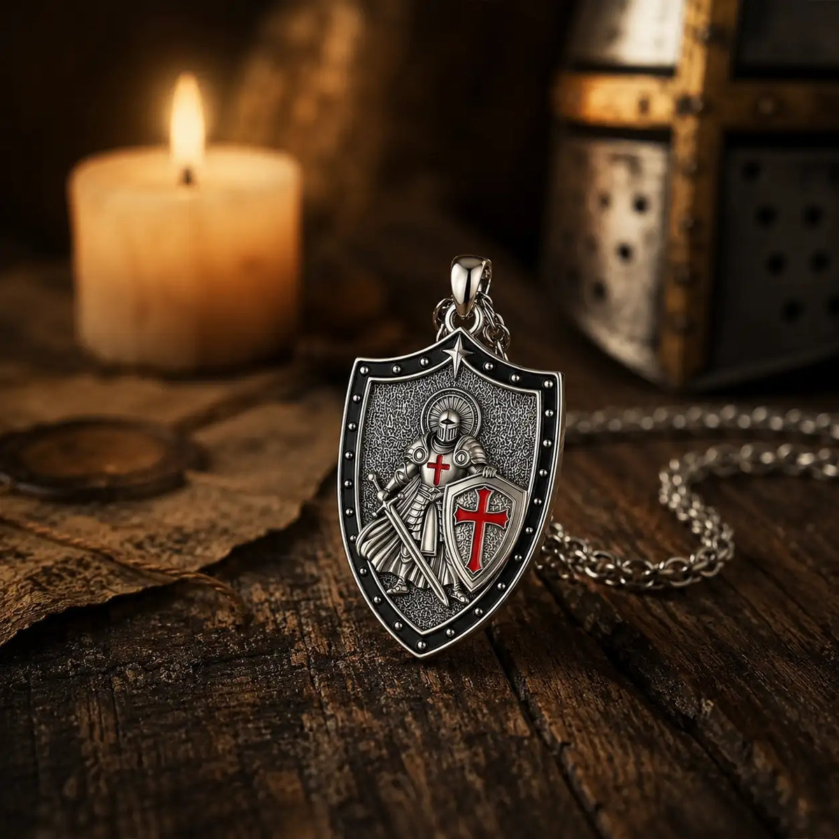 Collier du Bouclier du Croisé en cuivre dans un décor médiéval sombre
