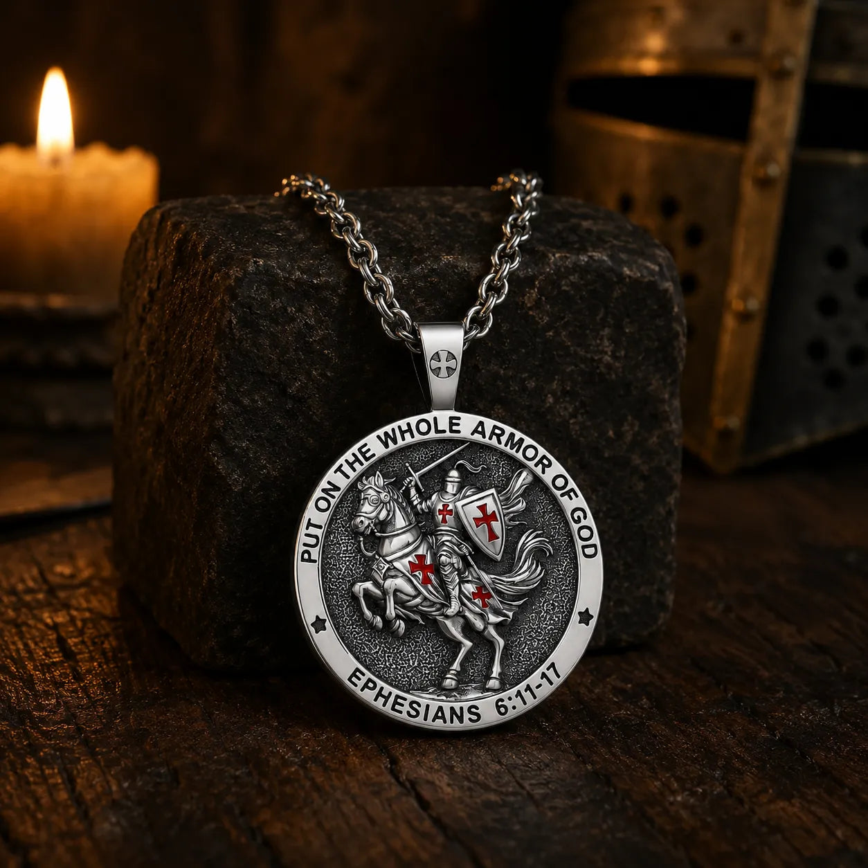 Collier du Chevalier de l’Armure de Dieu en argent 925 dans un décor médiéval sombre