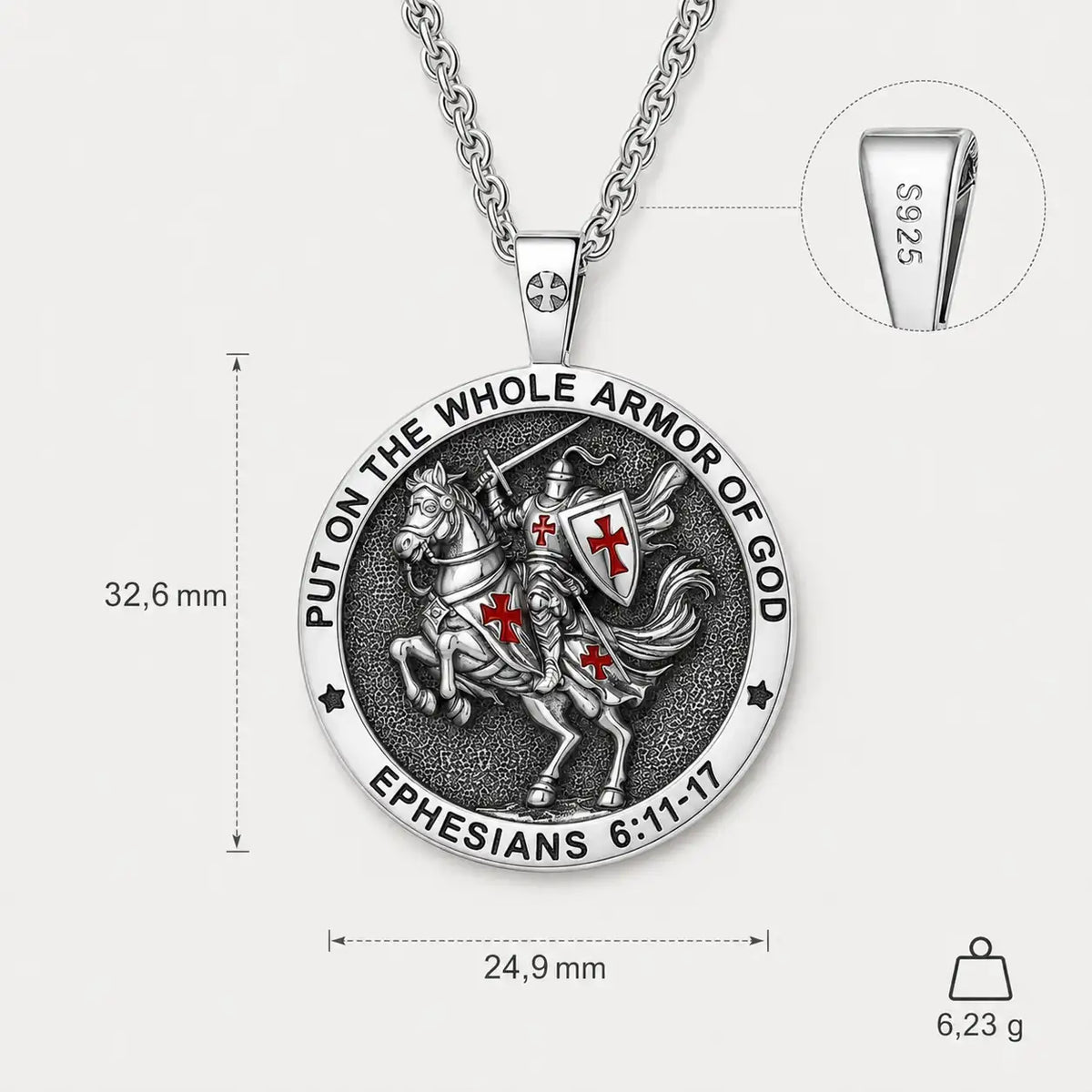Dimensions du pendentif Chevalier de l’Armure de Dieu en argent 925, 32,6 x 24,9 mm