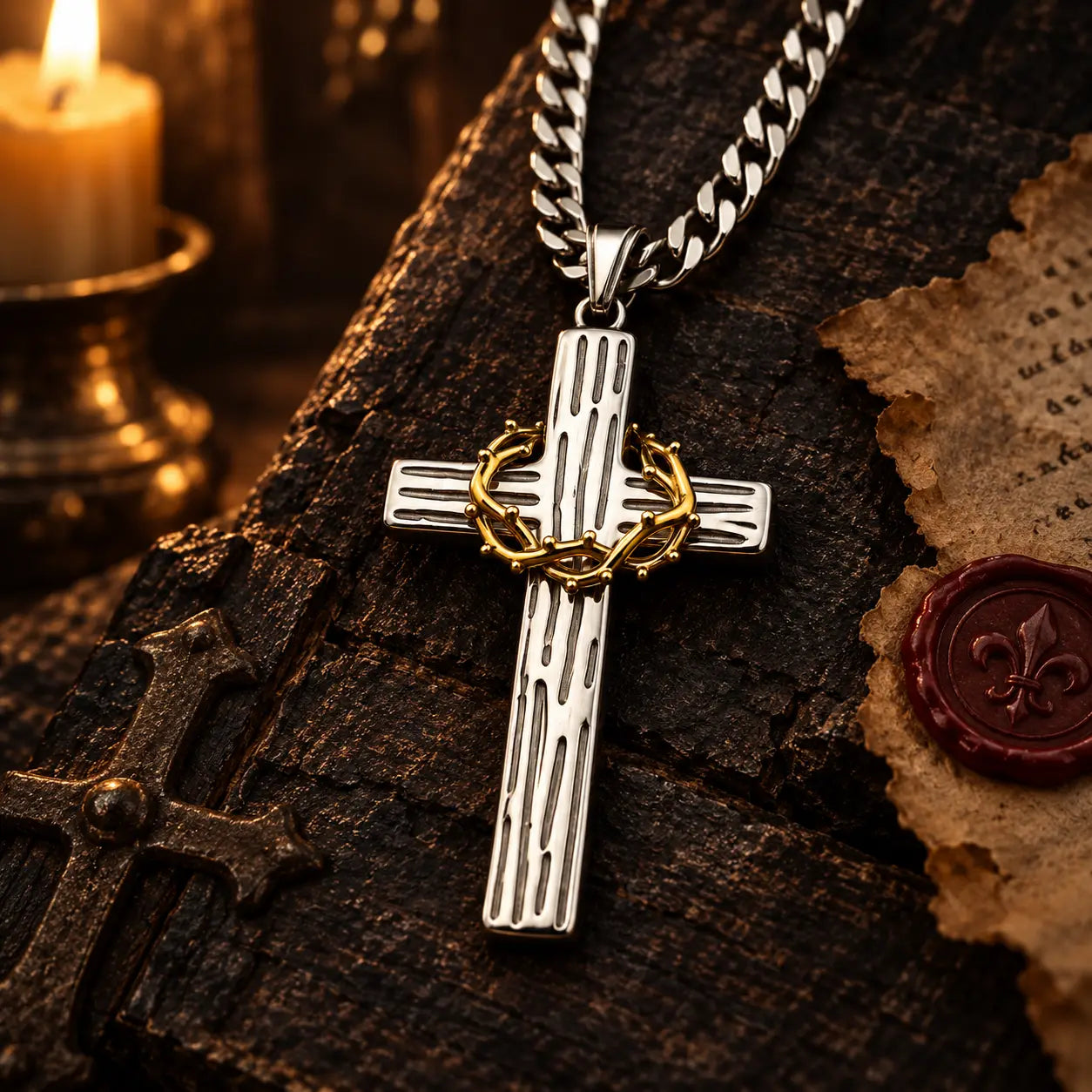 Collier de la Couronne d’Épines dans une ambiance sacrée avec bougie et parchemin