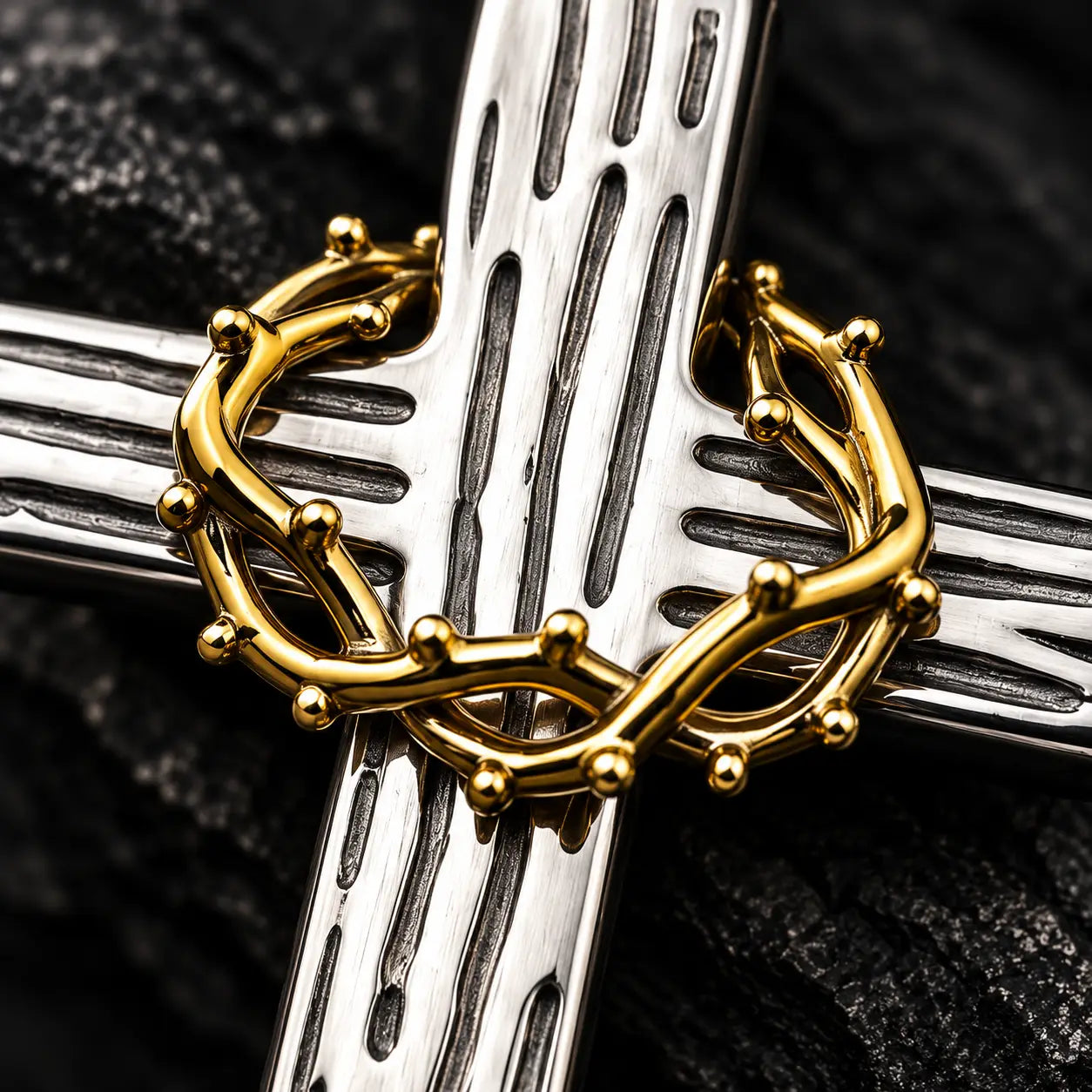 Gros plan sur la croix et la couronne d’épines dorée du collier chrétien