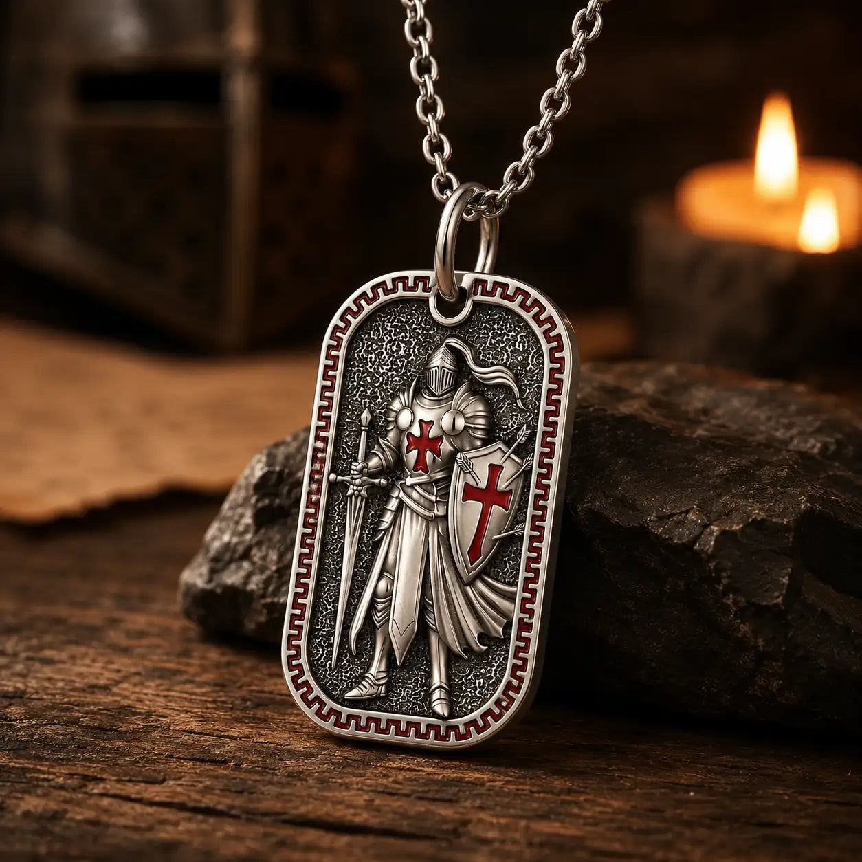 Collier du Croisé de l’Armure de Dieu en argent 925 dans un décor médiéval sombre