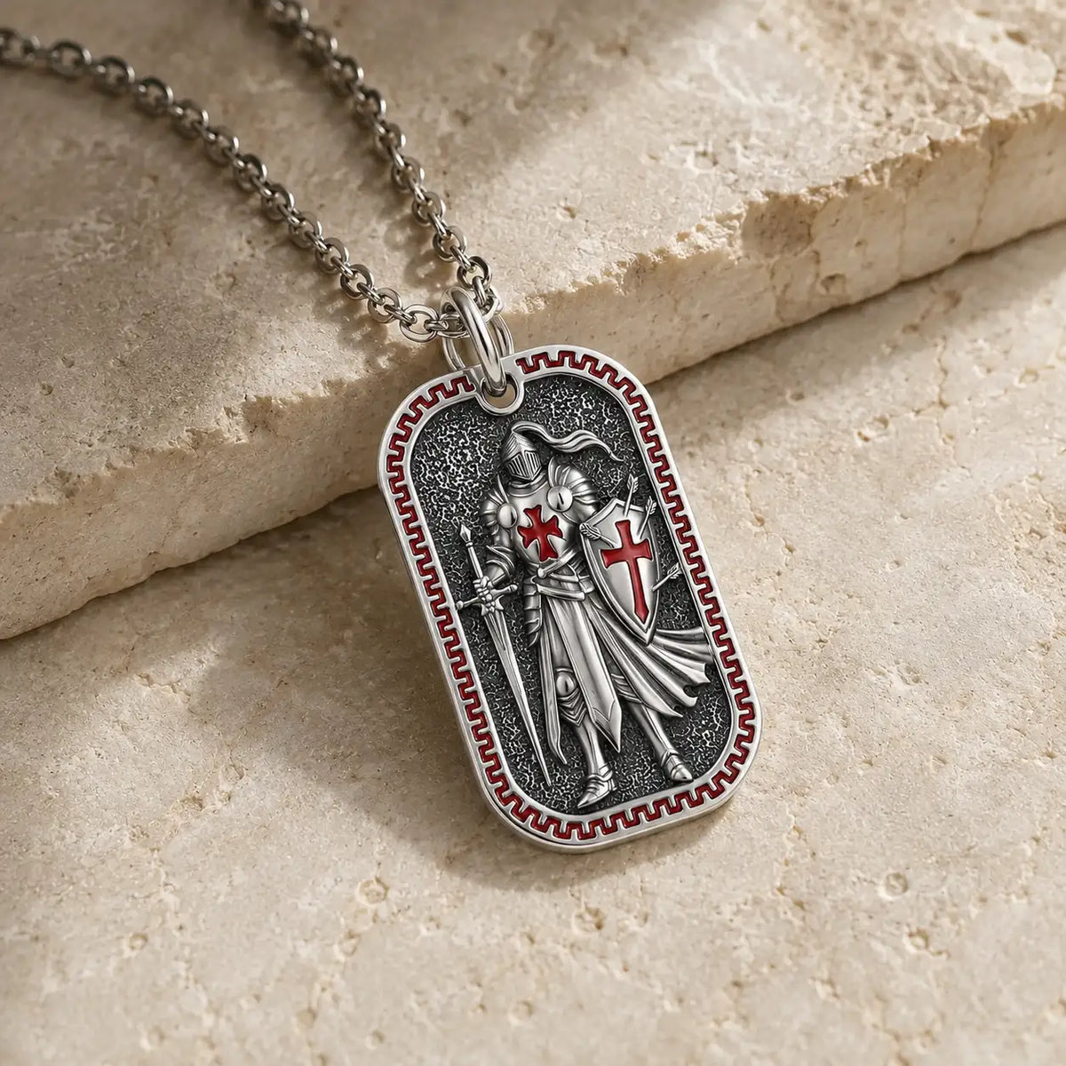 Collier du Croisé de l’Armure de Dieu en argent 925 sur pierre médiévale claire