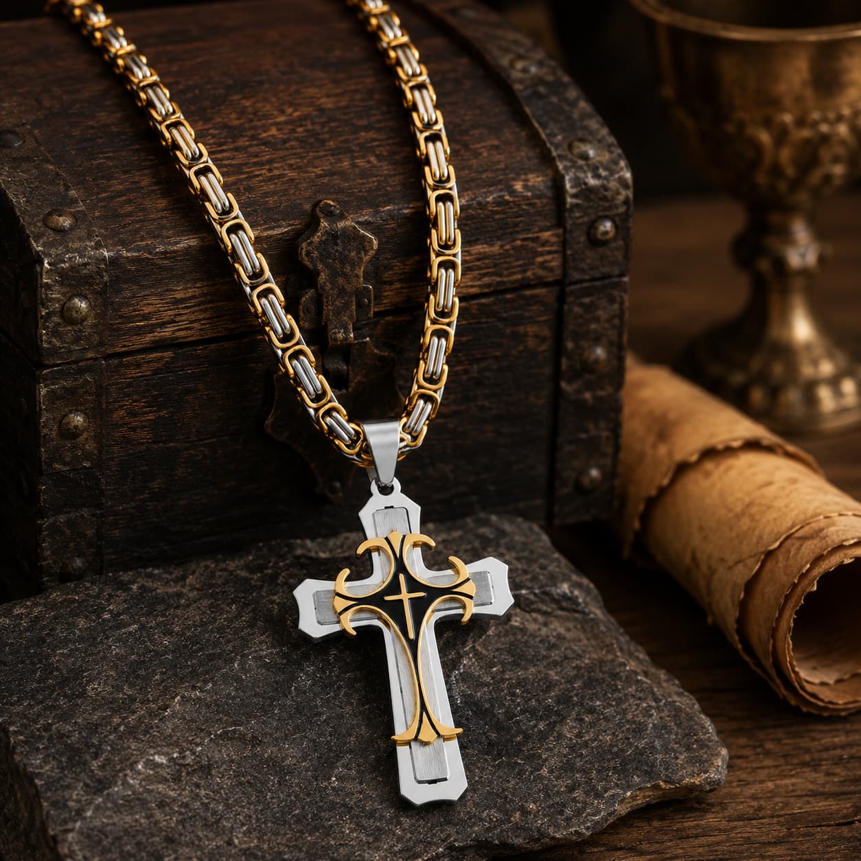 Collier Croisé de l’Espoir en acier inoxydable avec pendentif croix dans un décor médiéval premium