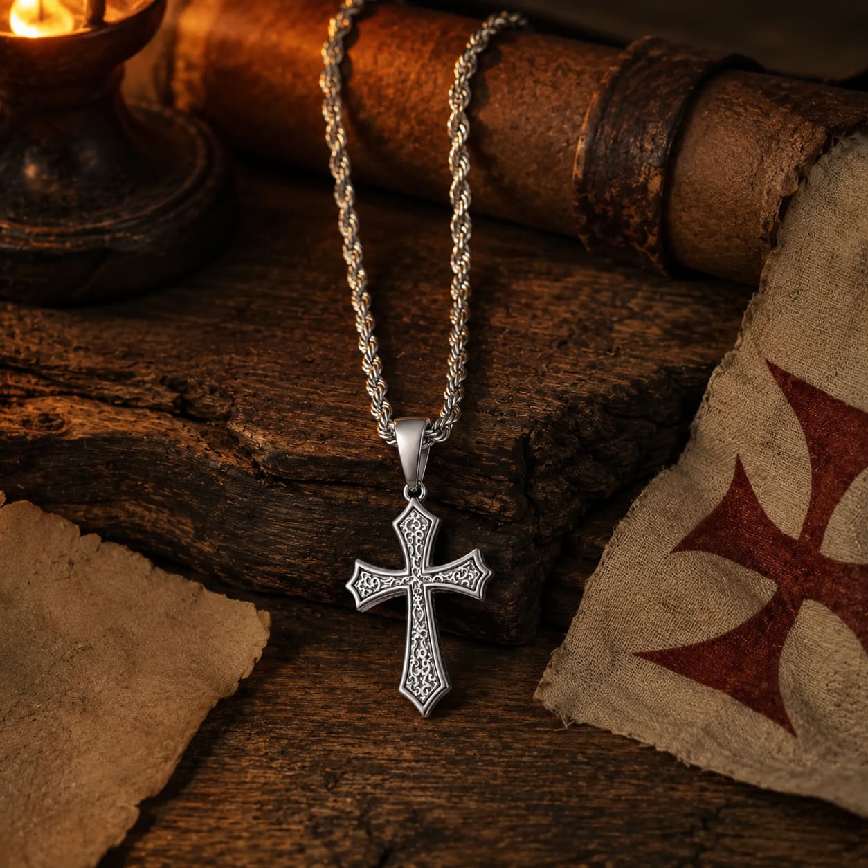 Collier Croix d’Espérance présenté dans un décor médiéval avec bois ancien et parchemin