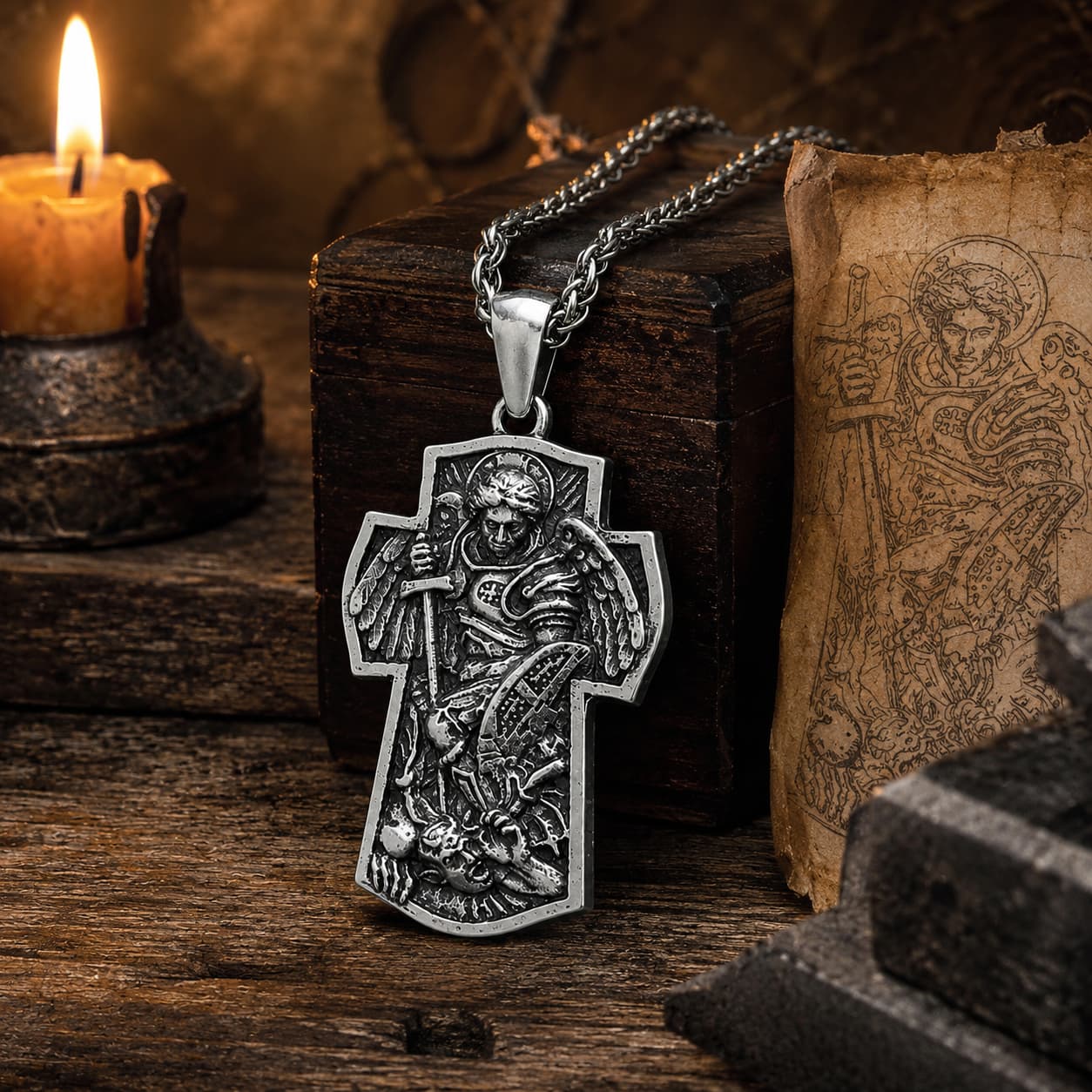 Collier Croix de l’Archange en alliage de zinc présenté dans une ambiance médiévale avec bois ancien et parchemin