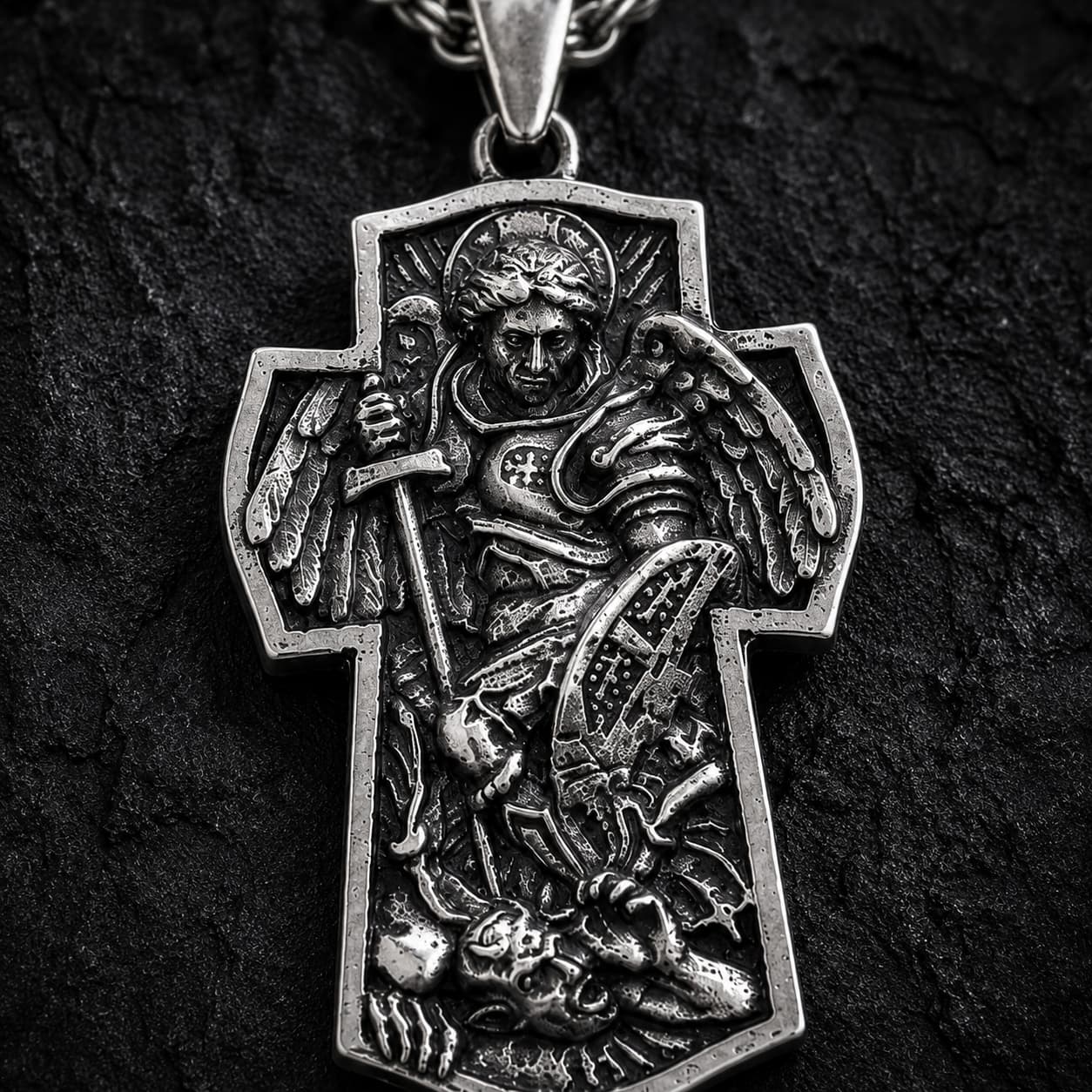 Gros plan du pendentif Saint Michel du Collier Croix de l’Archange en alliage de zinc