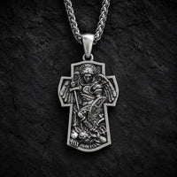 Collier Croix de l’Archange en alliage de zinc avec pendentif Saint Michel sur fond anthracite