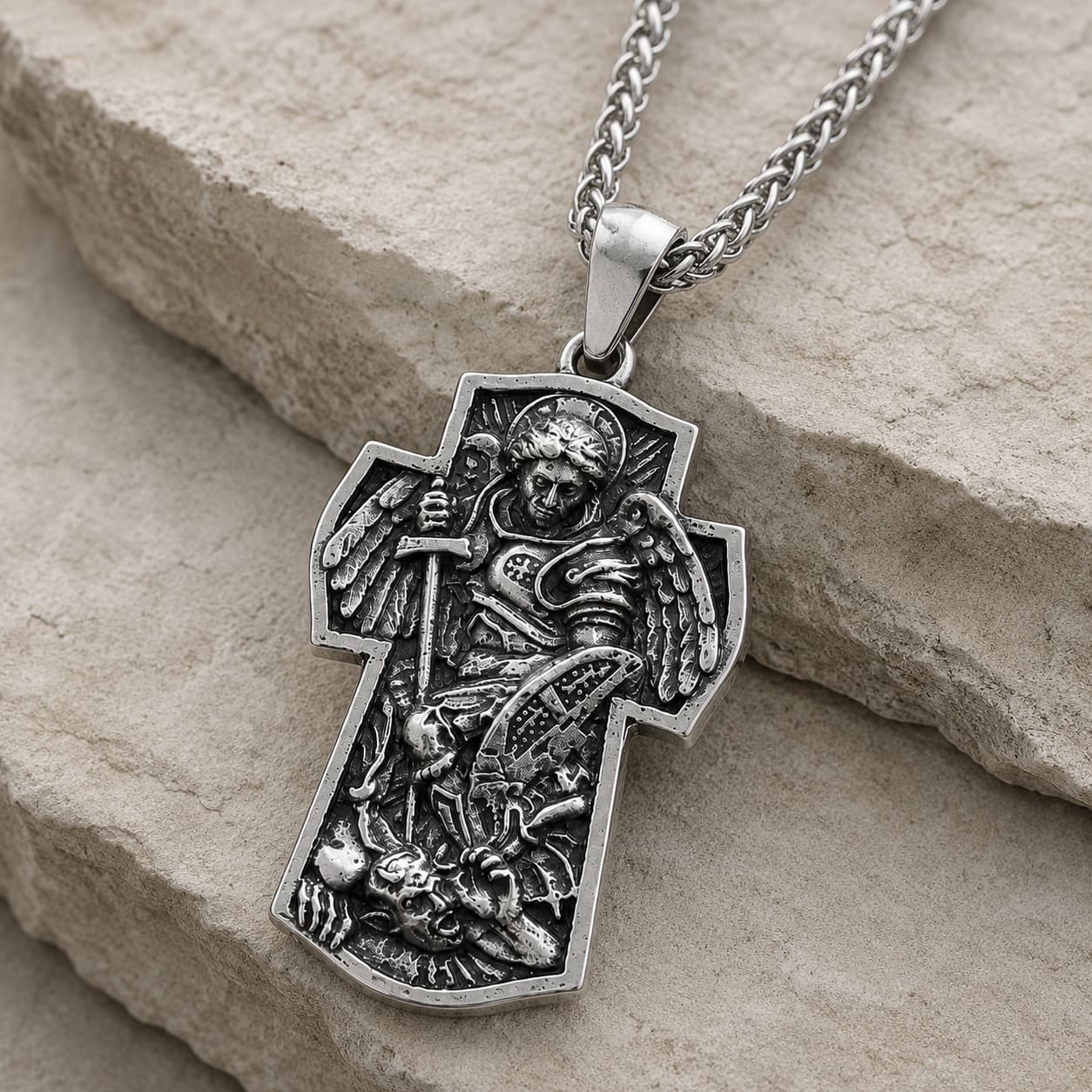 Vue angle du Collier Croix de l’Archange en alliage de zinc sur pierre médiévale claire
