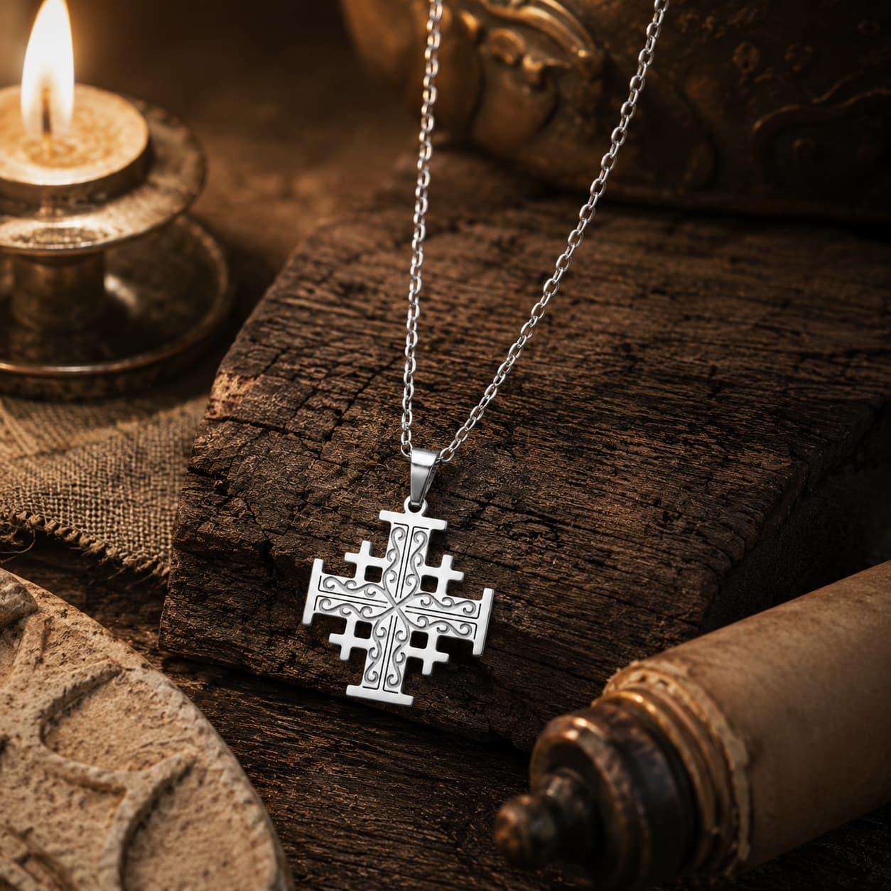Collier Croix de l'Ordre de Jérusalem en acier inoxydable premium dans une ambiance médiévale avec bois ancien, parchemin et lumière chaude.