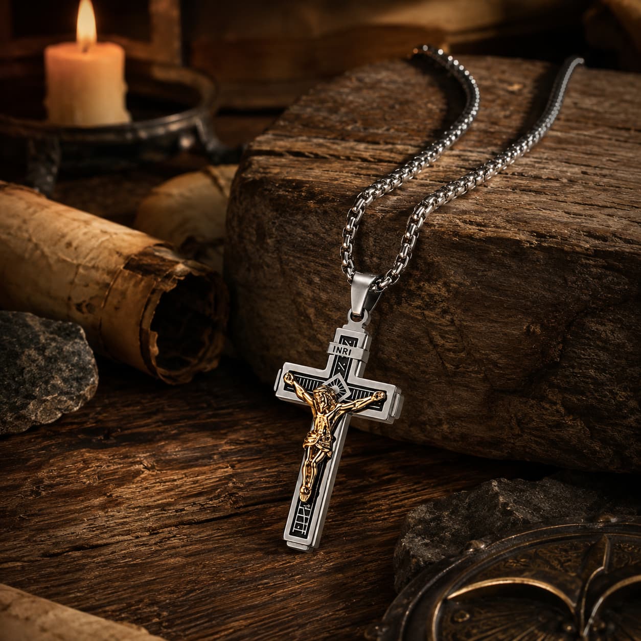 Collier Croix de la Passion en acier inoxydable argenté avec Christ doré dans une ambiance médiévale avec bois ancien et lumière chaude.