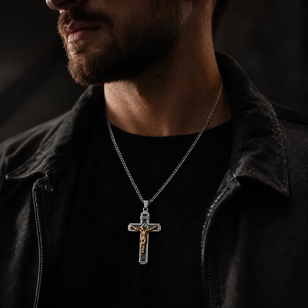 Homme portant le Collier Croix de la Passion en acier inoxydable argenté avec Christ doré, tenue noire et ambiance sombre.