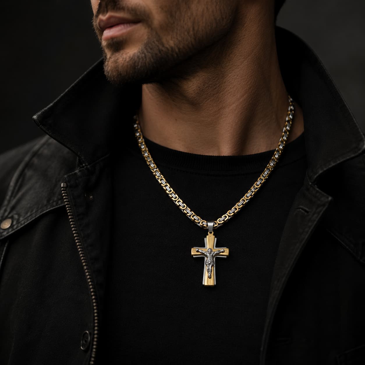Homme portant le Collier Croix du Christ en acier inoxydable avec tenue noire et veste sombre.