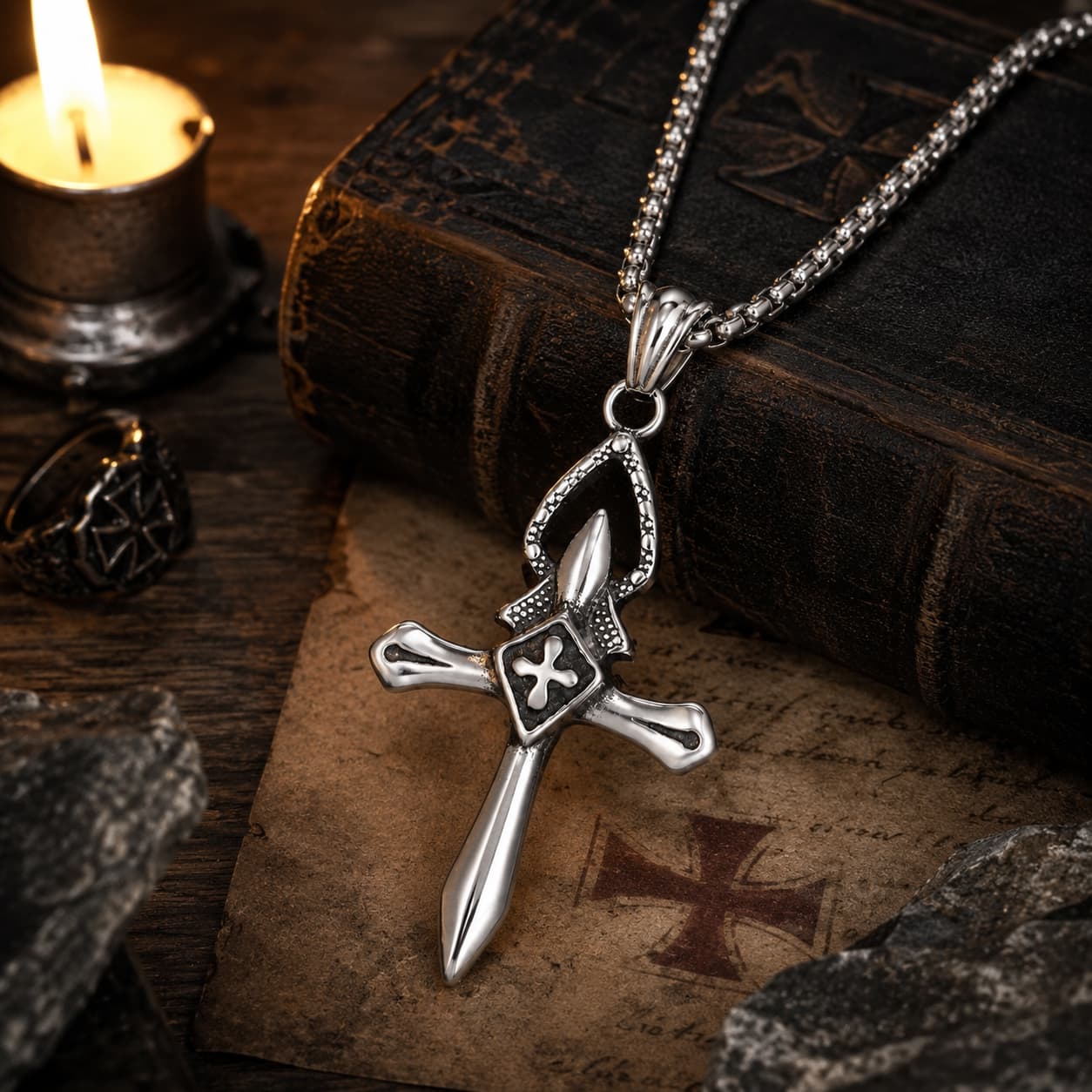 Collier Croix du Templier en acier inoxydable dans une ambiance médiévale premium avec bois, pierre et parchemin