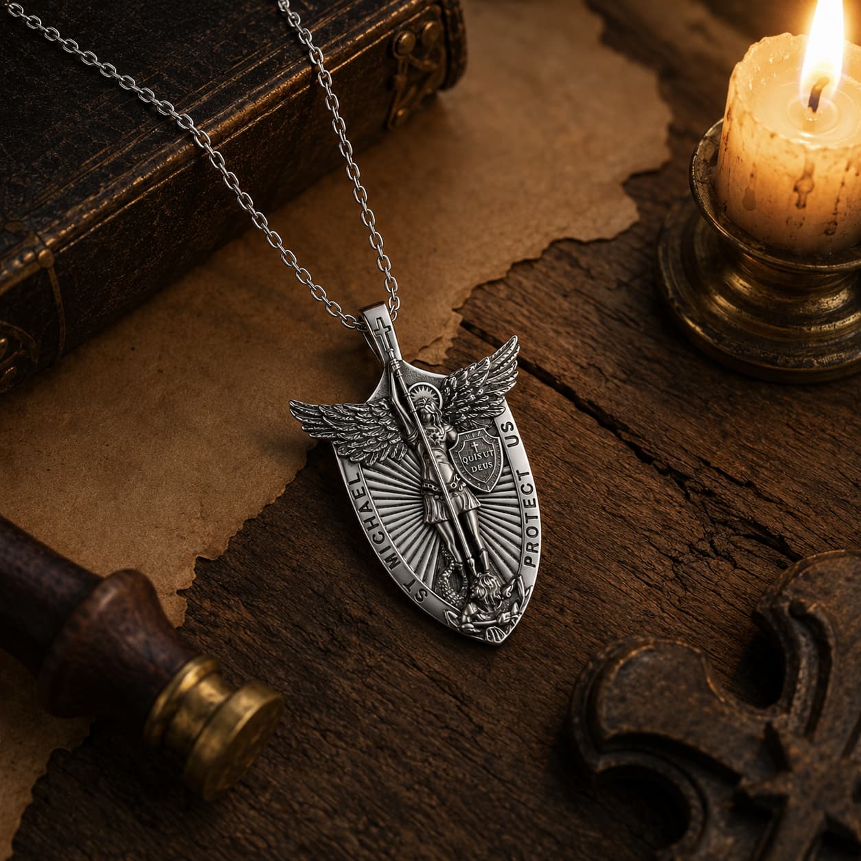 Collier de l’Archange Souverain en argent 925 sterling dans un décor médiéval premium avec bois ancien et parchemin