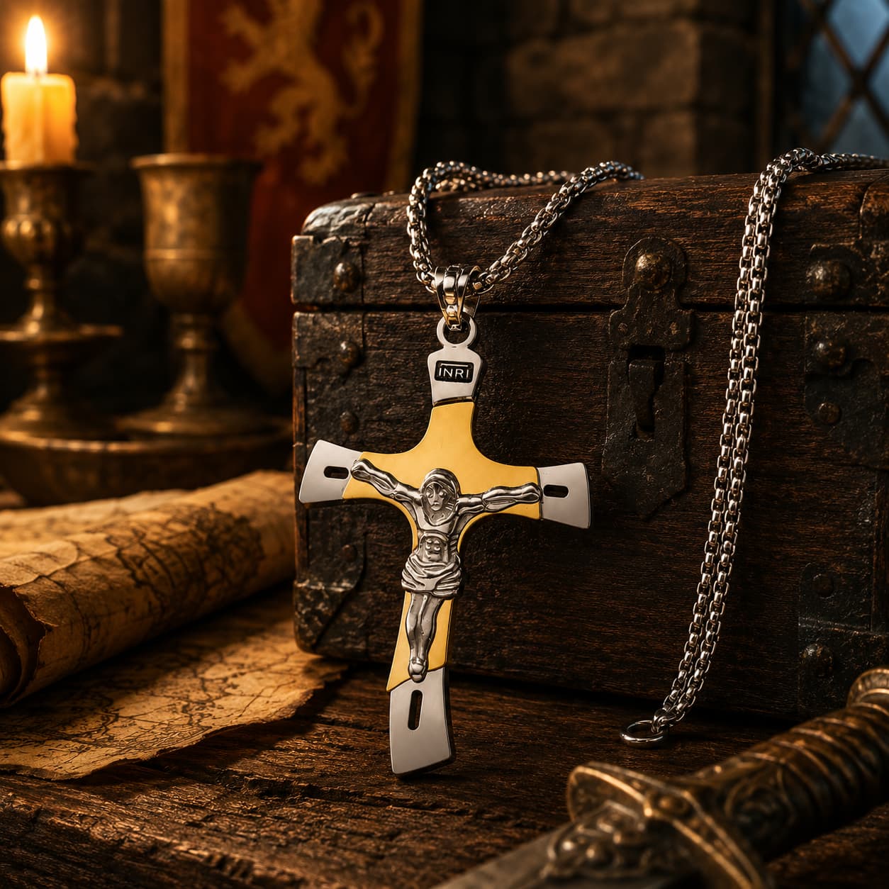 Collier de l’Ascension du Croisé en acier inoxydable doré et argenté dans un décor médiéval premium avec bois ancien, parchemin et lumière chaude