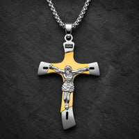 Collier de l’Ascension du Croisé en acier inoxydable doré et argenté avec pendentif crucifix sur ardoise sombre