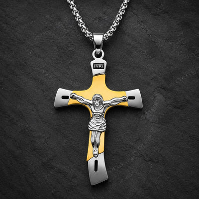 Collier de l’Ascension du Croisé en acier inoxydable doré et argenté avec pendentif crucifix sur ardoise sombre