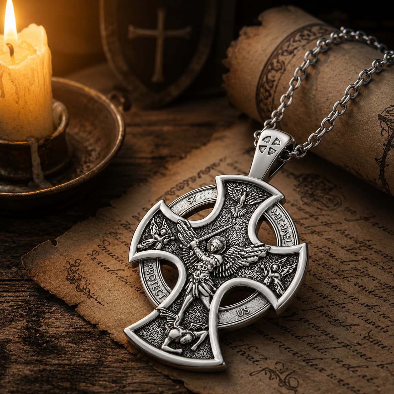 Collier de l’Archange Gardien en argent 925 sterling dans une ambiance médiévale avec parchemin et lumière chaude