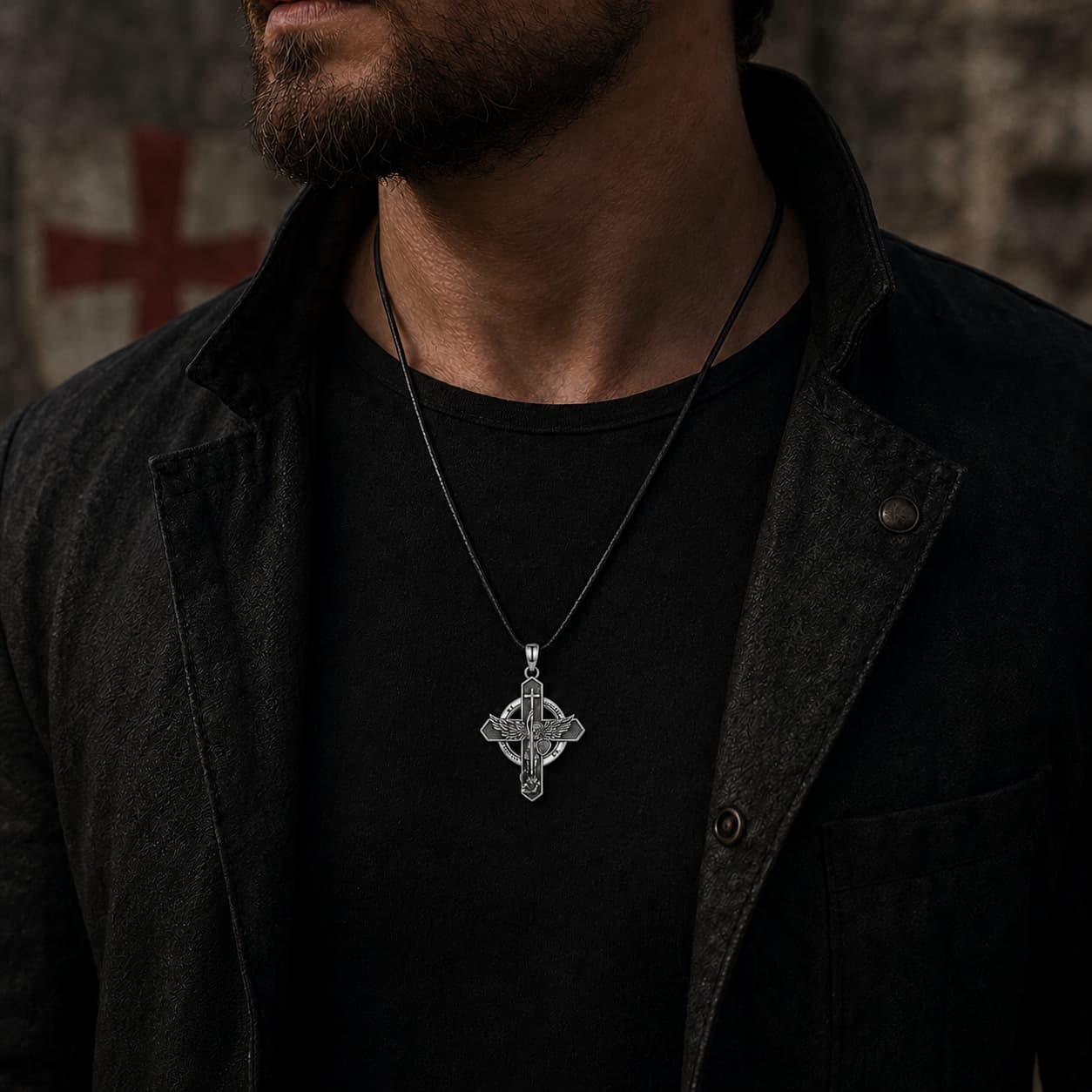 Collier de l’Archange Gardien en argent 925 sterling porté par un homme en tenue noire