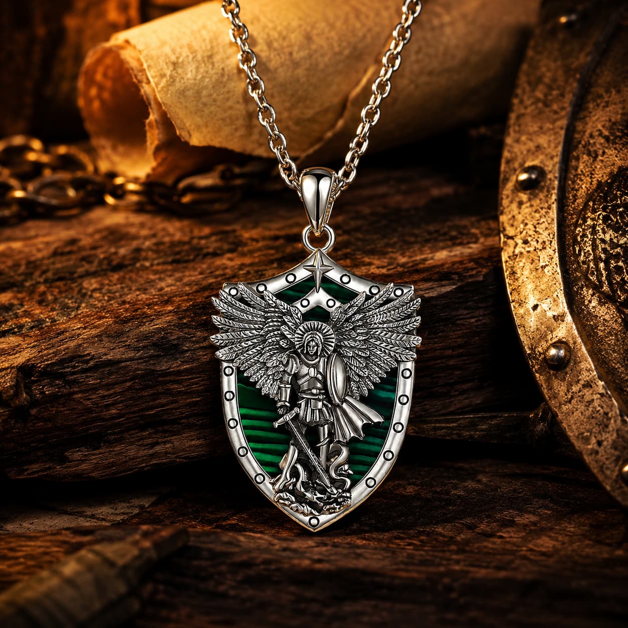 Collier de l’Illumination de l’Archange en argent 925 sterling présenté dans une ambiance médiévale avec bois ancien, parchemin et lumière chaude