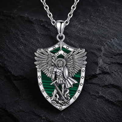 Collier de l’Illumination de l’Archange en argent 925 sterling avec pendentif bouclier vert sur fond anthracite