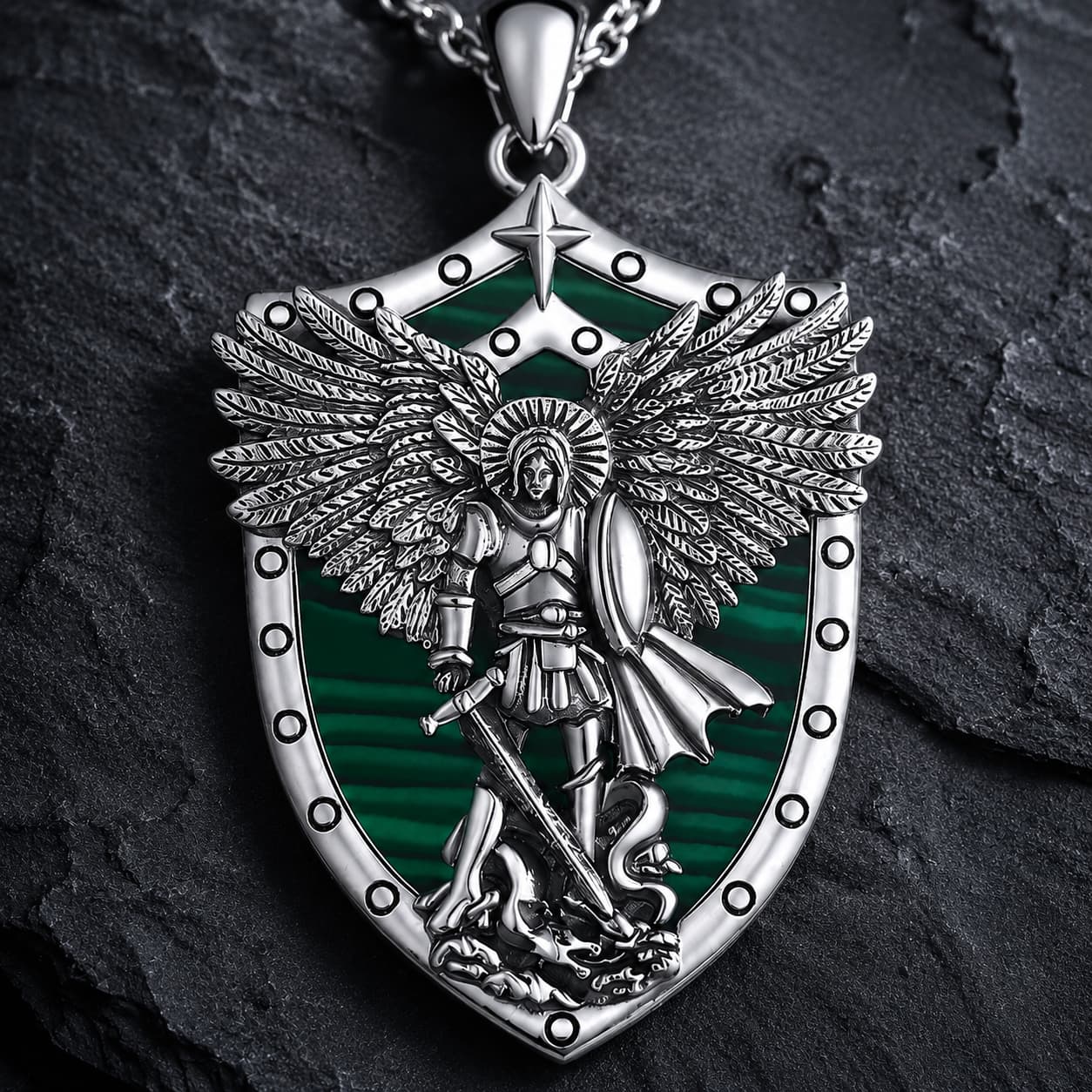 Gros plan du Collier de l’Illumination de l’Archange en argent 925 sterling avec archange ailé et bouclier vert