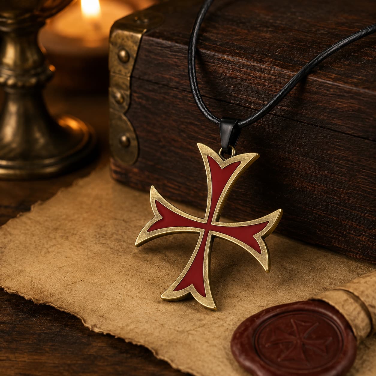 Collier de la Bannière Sacrée présenté dans un décor médiéval avec bois ancien, parchemin et lumière chaude
