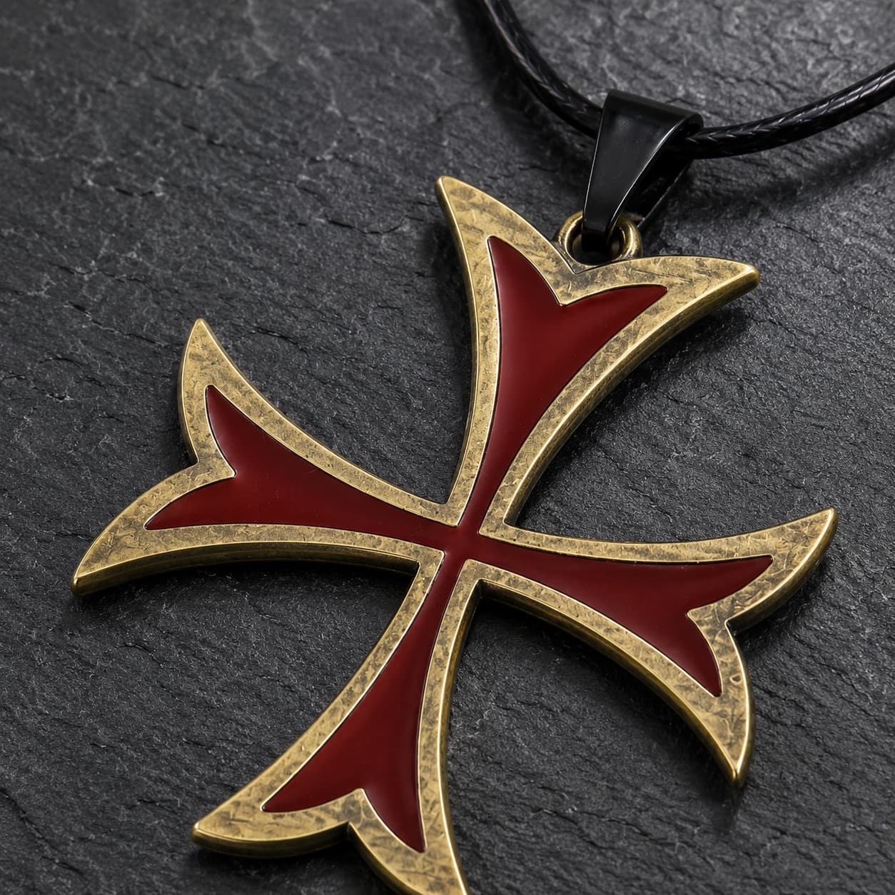 Gros plan du pendentif croix templière rouge du Collier de la Bannière Sacrée en alliage de zinc