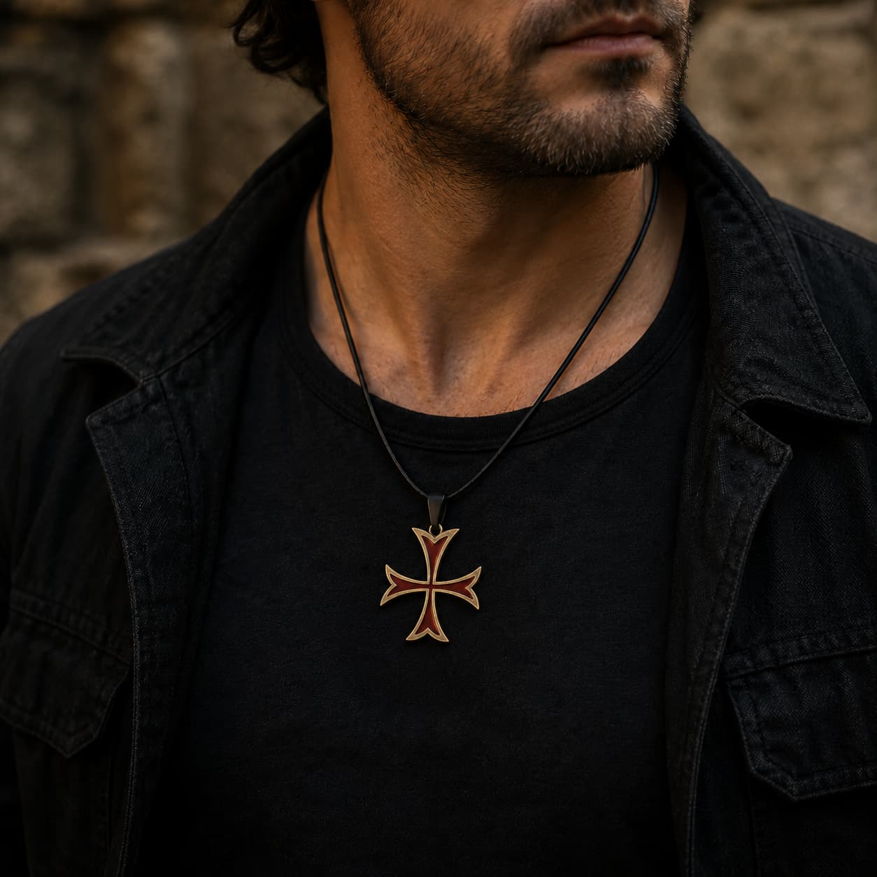 Collier de la Bannière Sacrée porté par un homme en tenue noire avec pendentif croix templière rouge et dorée