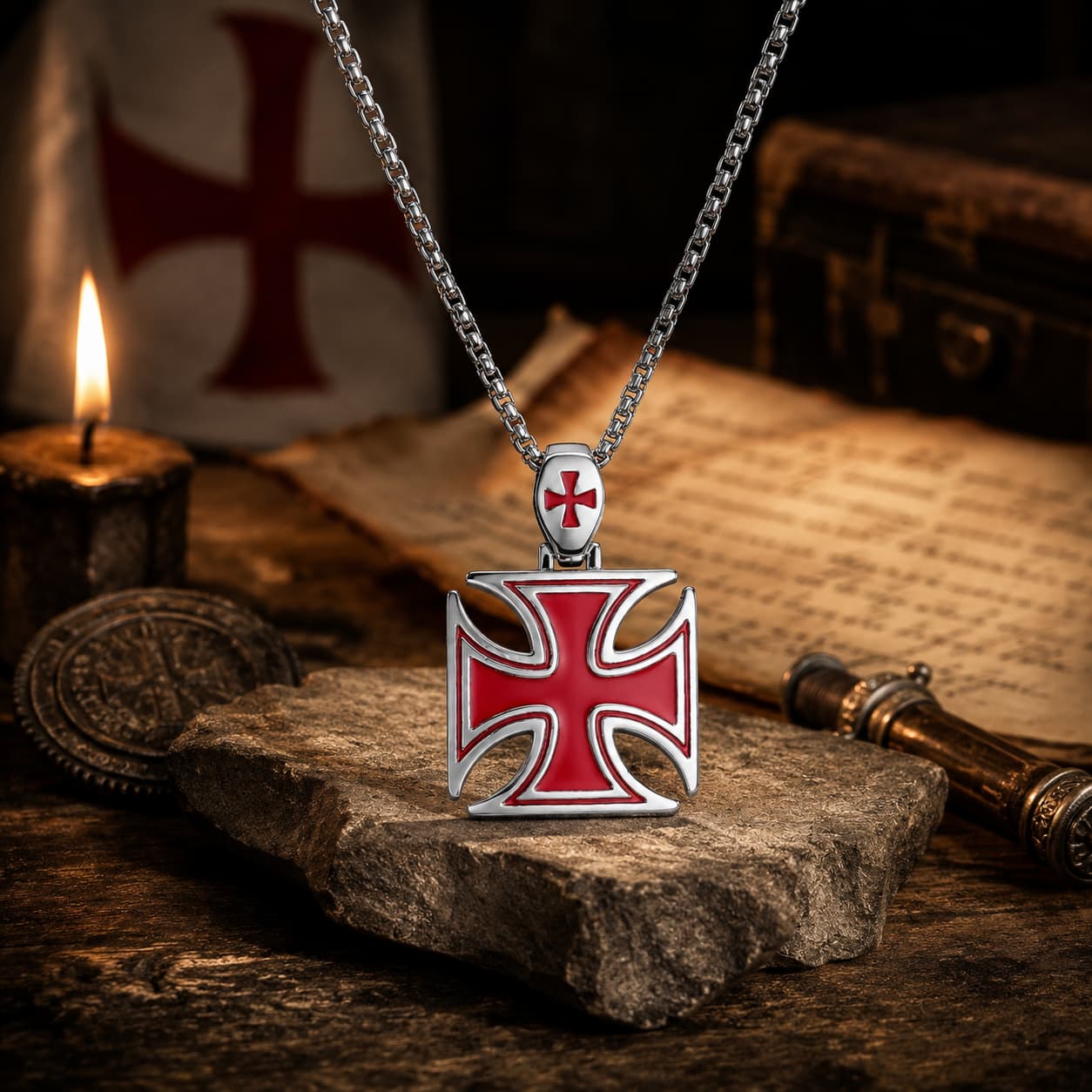 Collier de la Bravoure Templière en ambiance médiévale avec bois ancien, parchemin et lumière chaude
