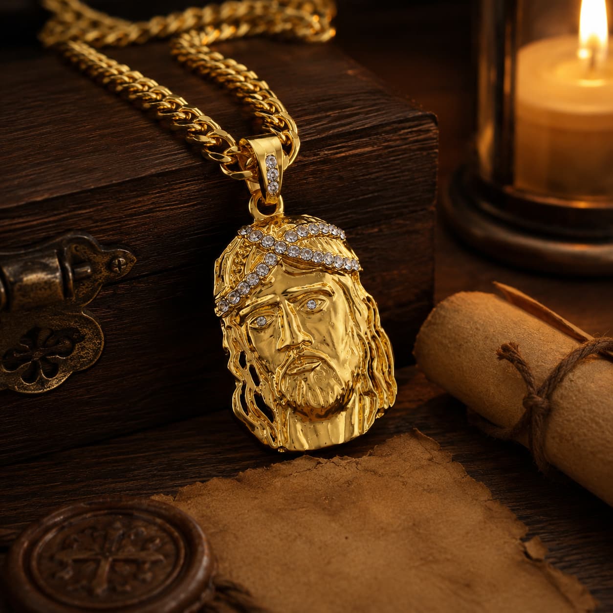 Collier de la Foi du Christ en acier inoxydable doré dans un décor médiéval premium avec bois ancien parchemin et lumière chaude
