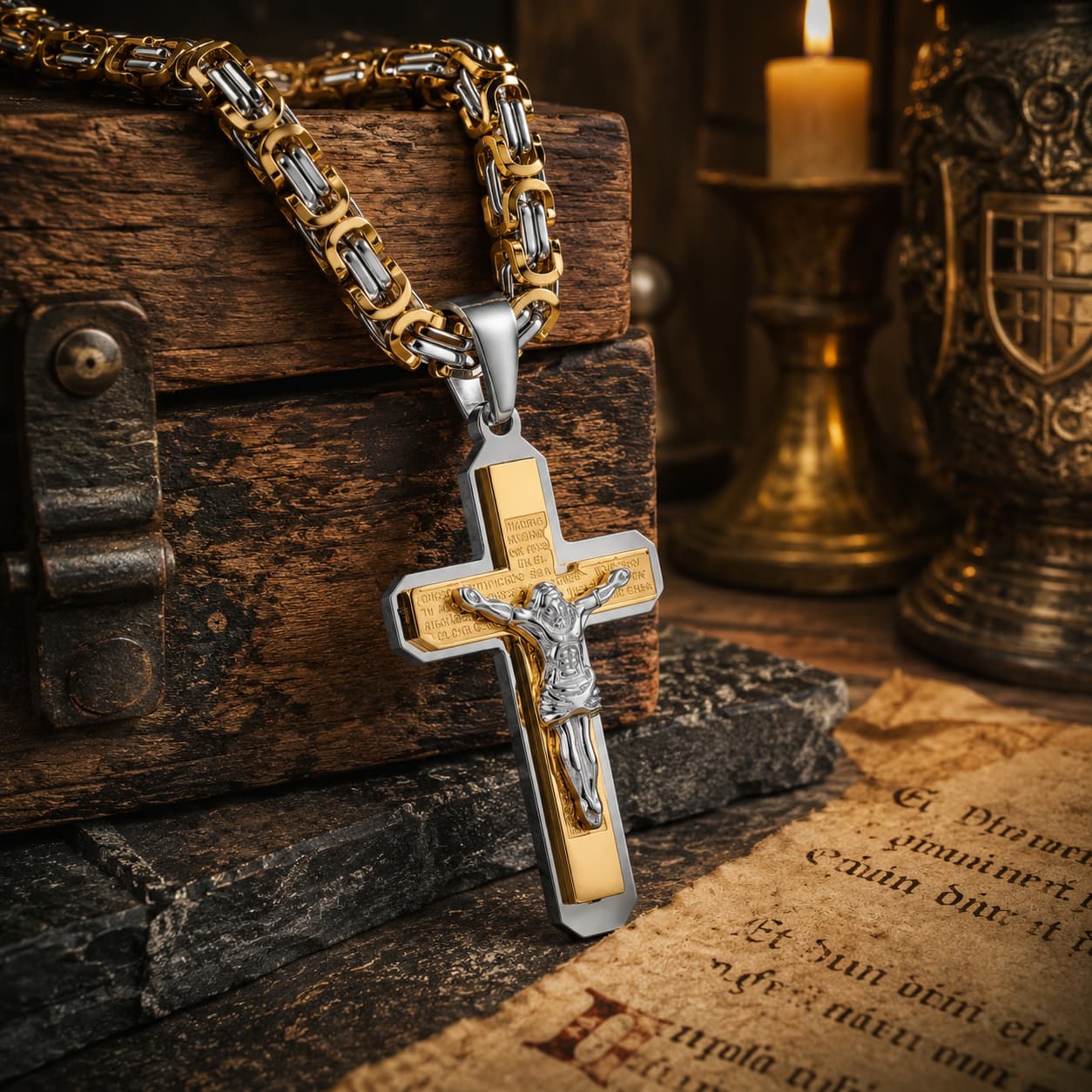Collier de la Foi du Temple en acier inoxydable doré et argenté dans un décor médiéval avec bois ancien, parchemin, pierre et lumière chaude