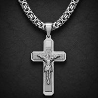 Collier de la Foi du Temple en acier inoxydable argenté avec pendentif crucifix sur ardoise sombre
