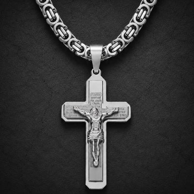 Collier de la Foi du Temple en acier inoxydable argenté avec pendentif crucifix sur ardoise sombre