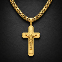 Collier de la Foi du Temple en acier inoxydable doré avec pendentif crucifix sur ardoise sombre