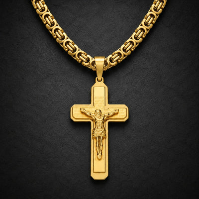 Collier de la Foi du Temple en acier inoxydable doré avec pendentif crucifix sur ardoise sombre