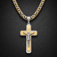 Collier de la Foi du Temple en acier inoxydable doré et argenté avec pendentif crucifix sur ardoise sombre