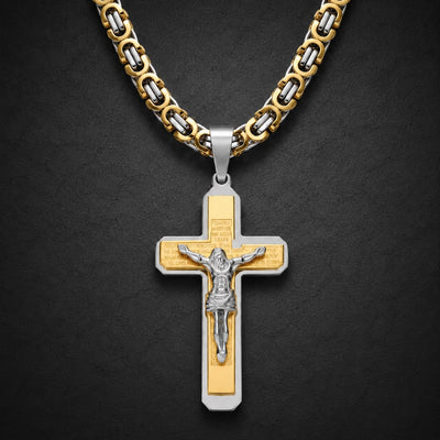 Collier de la Foi du Temple en acier inoxydable doré et argenté avec pendentif crucifix sur ardoise sombre