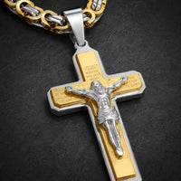 Collier de la Foi du Temple en acier inoxydable avec pendentif crucifix, Christ en relief et détails gravés