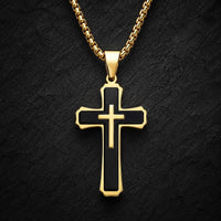 Collier de la Grâce du Temple en acier inoxydable avec croix noire et dorée sur fond anthracite