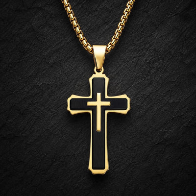 Collier de la Grâce du Temple en acier inoxydable avec croix noire et dorée sur fond anthracite