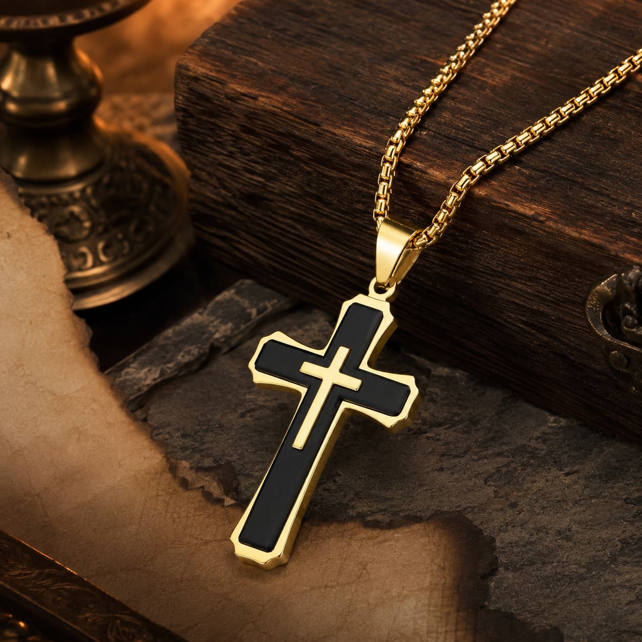 Collier de la Grâce du Temple avec pendentif croix dans un décor médiéval premium