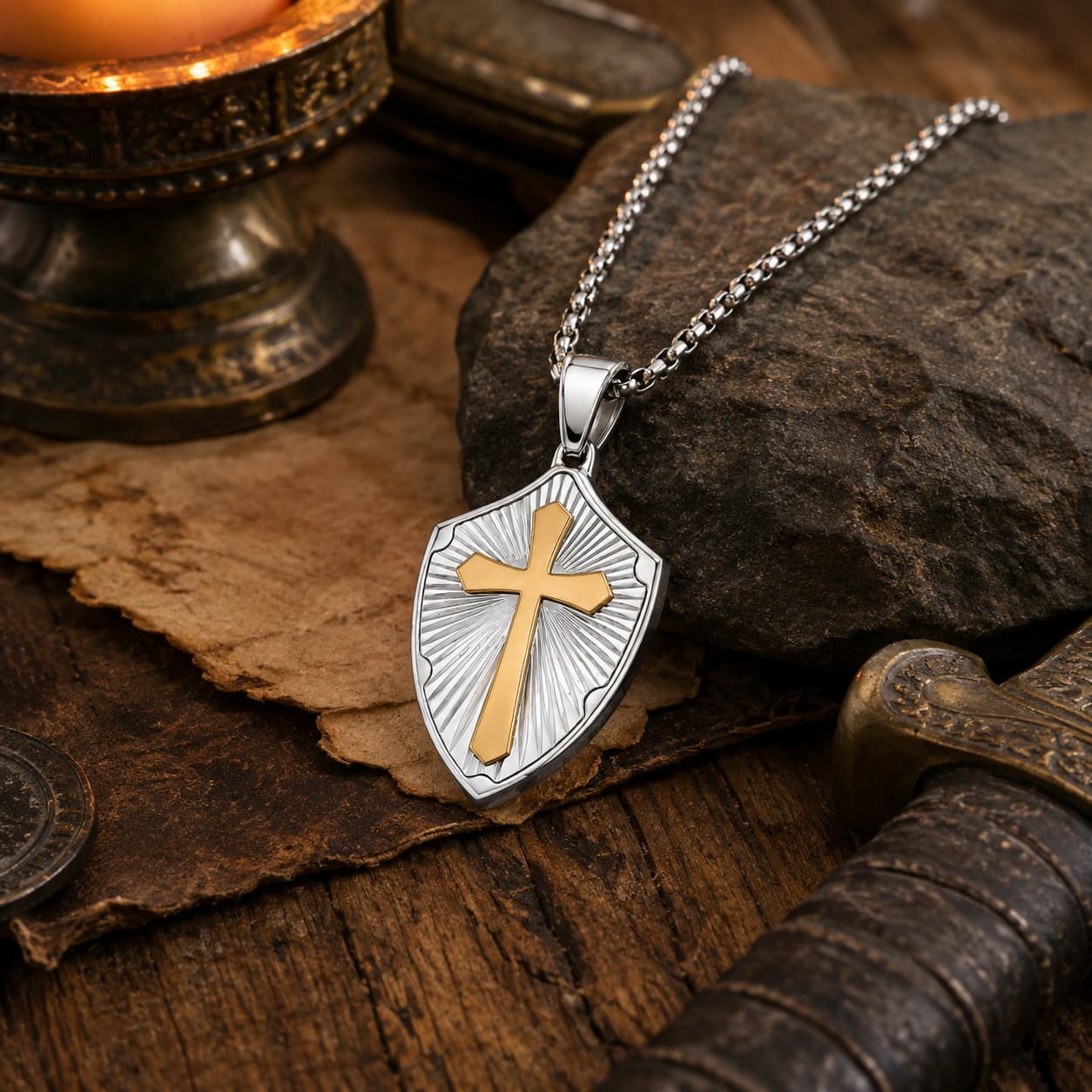 Collier de la Sagesse Templière en acier inoxydable avec pendentif bouclier et croix dorée dans un décor médiéval premium
