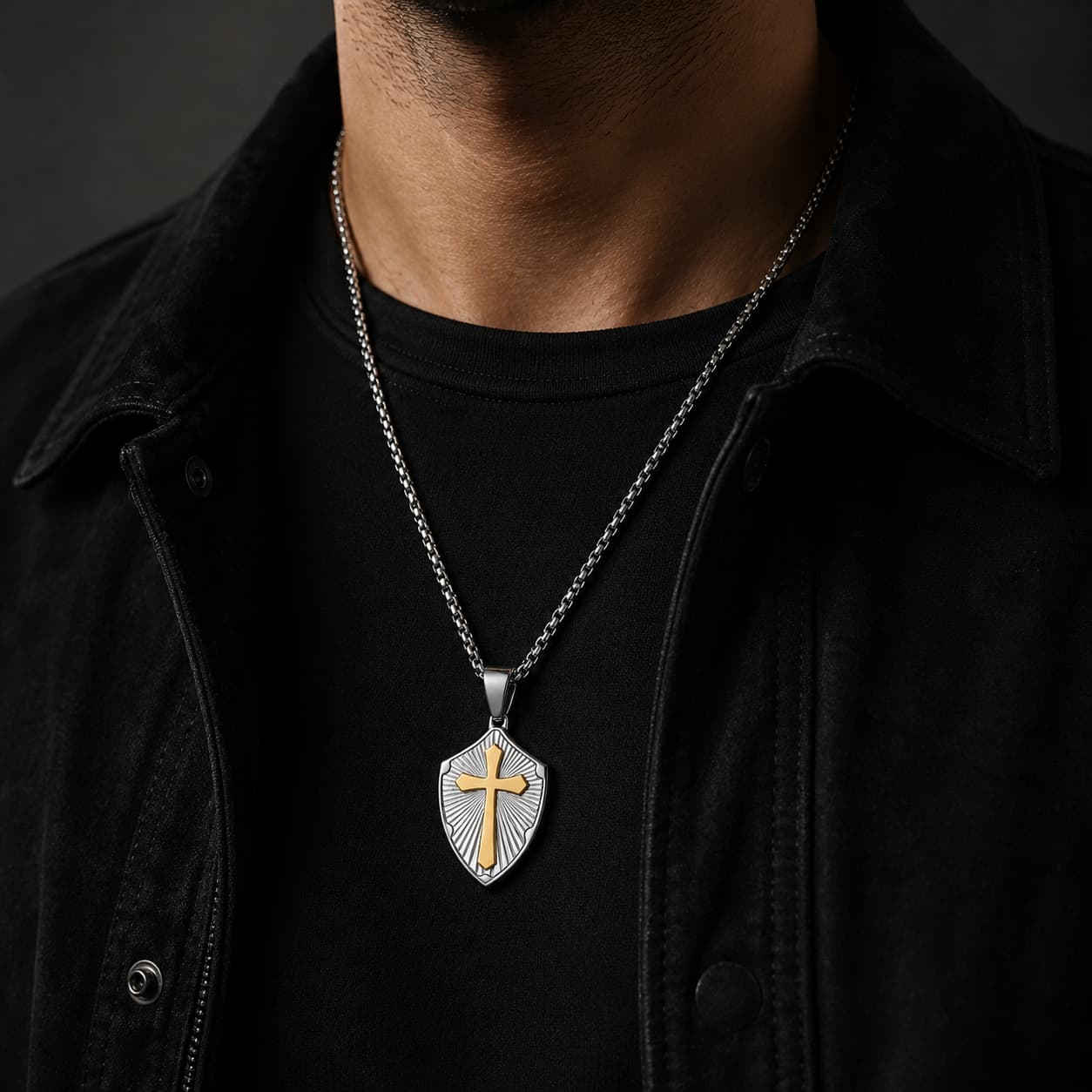Collier de la Sagesse Templière en acier inoxydable avec pendentif bouclier et croix dorée porté par un homme en tenue noire