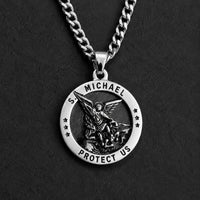 Collier de l'Archange Protecteur en acier inoxydable argenté avec médaille Saint Michel sur ardoise sombre
