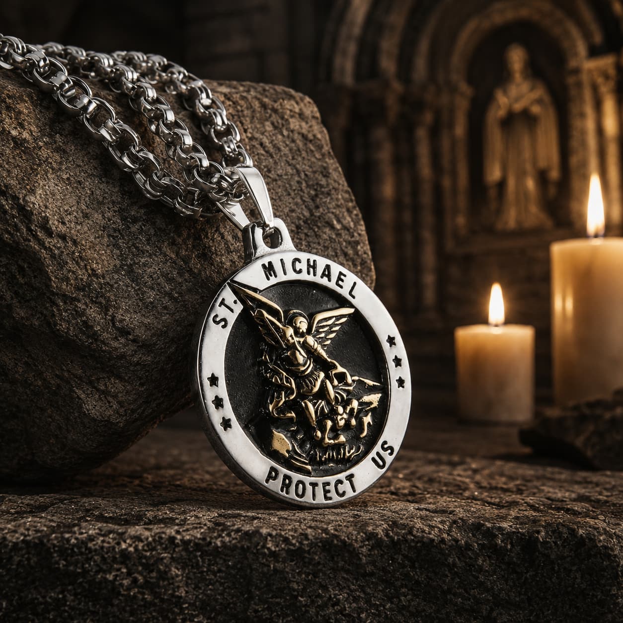 Collier de l'Archange Protecteur en acier inoxydable avec médaille Saint Michel dans une ambiance sacrée avec bougie et pierre ancienne