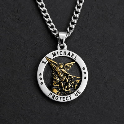 Collier de l'Archange Protecteur en acier inoxydable argenté et doré avec médaille Saint Michel sur ardoise sombre