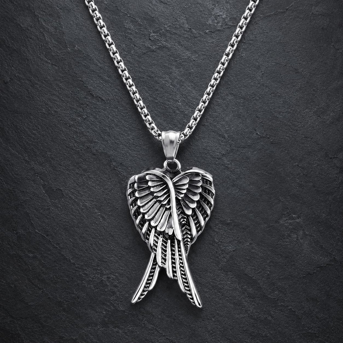 Collier des Ailes Célestes en acier inoxydable avec pendentif argenté sur fond anthracite