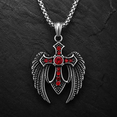Collier des Ailes du Gardien en acier inoxydable avec croix ailée et pierres rouges sur fond anthracite